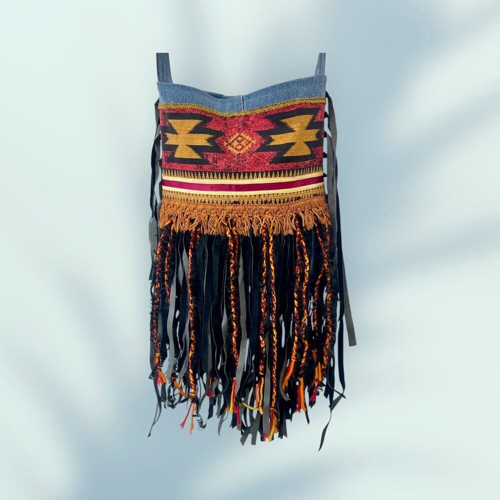 Denim and Orange Handmade, Native Inspired Crossbody Bag with Fringe